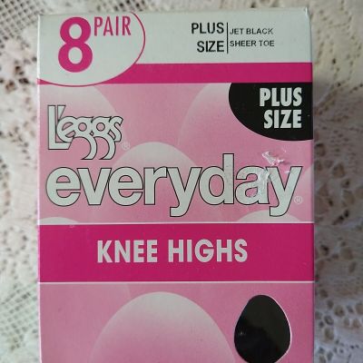 L'eggs Everyday Knee High stockings 8 Pair Jet Black Sheer Toe Plus Size